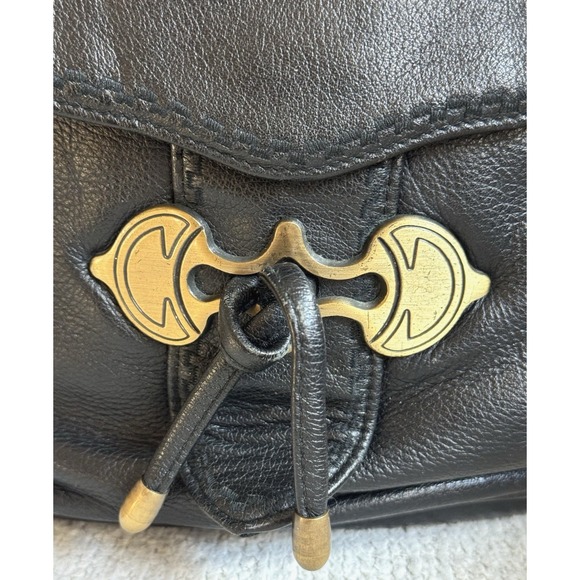 Bechamel Black Leather Crossbody Handbag Brass Hardware Western Purse Vintage - Picture 4 of 14
